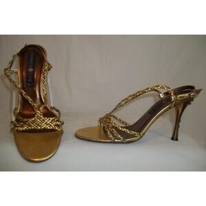 PATRICK COX Gold-Copper Woven Leather Slingback FLEUR DE LIS High Heel Shoes 39
